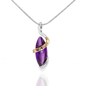 Halskette, Kette mit Anhänger aus 925 Silber mit 9 Karat Goldeinsätzen und violettem Zirkonia