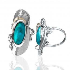 925er Silber Ring  mit Goldeinsätze 9KT und Höhenqualität türkis Steinen