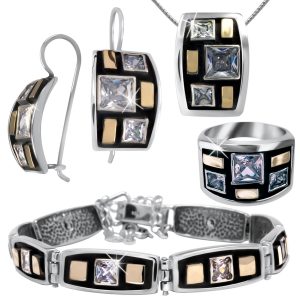 925er Silber Schmuckset mit Goldeinsätzen 9 Karat Ohrringe, Halskette, Anchänger, Ring, Armband und Ehequalität Weiß CZ