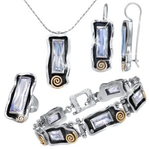925er Silber Schmuckset mit Goldeinsätzen 9 Karat Ohrringe, Halskette, Anchänger, Ring, Armband und Ehequalität Weiß CZ