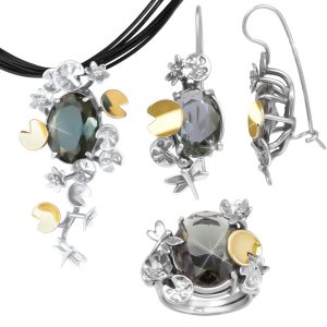 925er Silber Schmuckset Ohringe, Halskette, Ring mit Goldeinsätze 9KT und Höhenqualität synthetischer Turmalin.