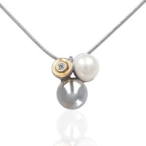 Halskette aus 925er Silber, Sterlingsilber, mit Goldeinsätzen 9KT, Süßwasserperle und Ehequalität Weiß Zirconia