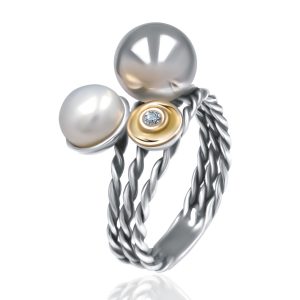 Ring aus 925er Silber mit Goldeinsätzen 9KT, Süßwasserperle und Ehequalität Weiß Zirconia.