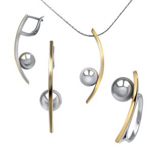 925er Silber Schmuckset, Ohrringen, Ring und Halskette mit Goldeinsätzen 9 Karat