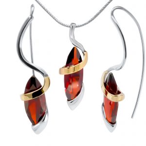 Schmuckset silber mit Gold, Ohrringen, Halskette aus 925er Silber und 9KT Gold mit weiß\ rot\ violett CZ.
