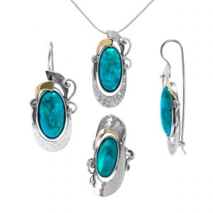 925er Silber Schmuckset, Ohhringen, Halskette, Ring mit Goldeinsätzen 9 Karat und türkis Stein