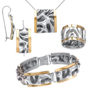 925er Silber Schmuckset Sterlingsilber mit Goldeinsätzen 9 Karat Ohrringe, Halskette,  Anchänger, Ring, Armband