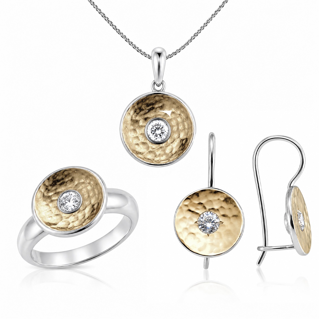 Goldenes Hammerschlag-Schmuck-Set mit Zirkonia<br /><h4><span class="OYPEnA font-feature-liga-off font-feature-clig-off font-feature-calt-off text-decoration-none text-strikethrough-none">(925er Sterlingsilber, 9kt Gold & Cubic Zirkonia)</span></h4>